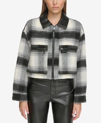 DKNY Jeans - Women's Faux-Leather-Trim Cropped Plaid Jacket