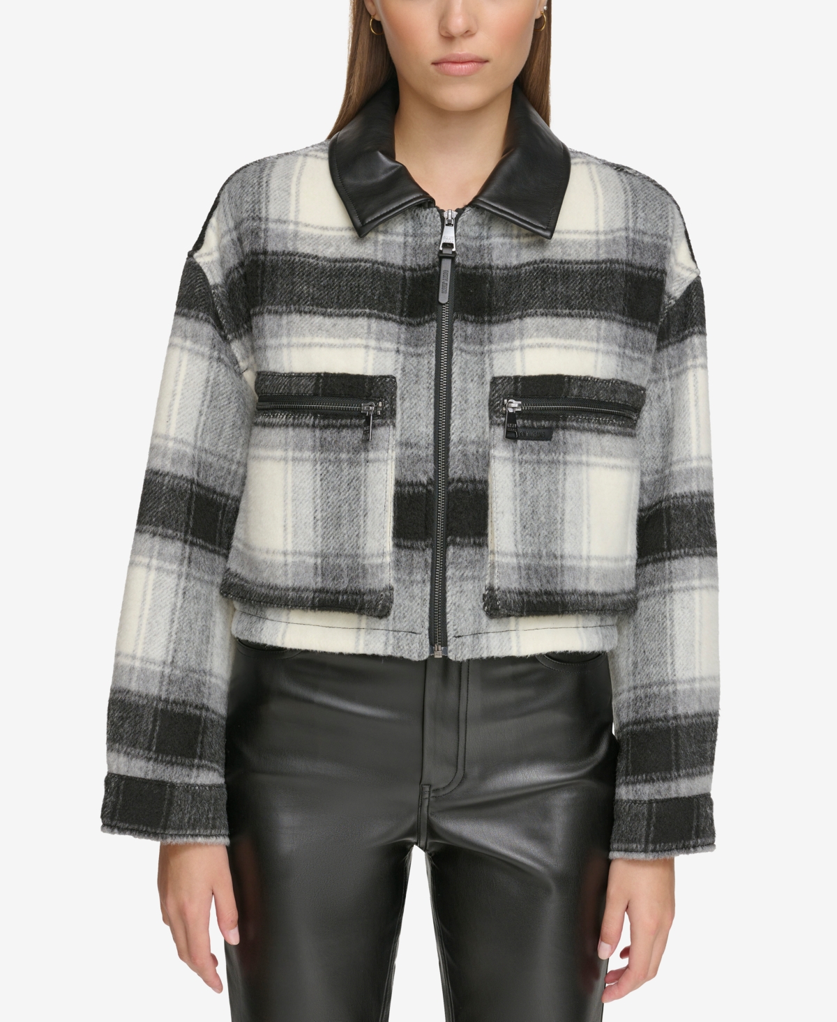 Dkny Jeans Women's Faux-leather-trim Cropped Plaid Jacket In Black,ivory