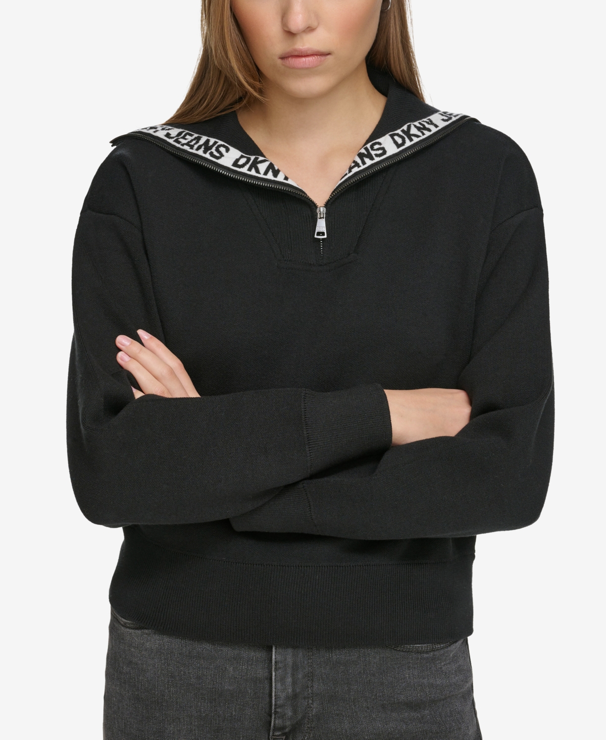 Dkny Jeans Women's Half-zip Funnel-neck Logo-detail Sweater In Black