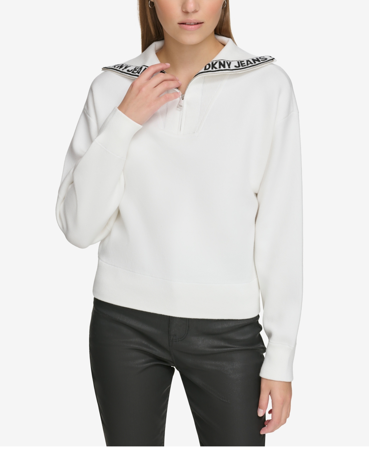 Dkny Jeans Women's Half-zip Funnel-neck Logo-detail Sweater In Ivory