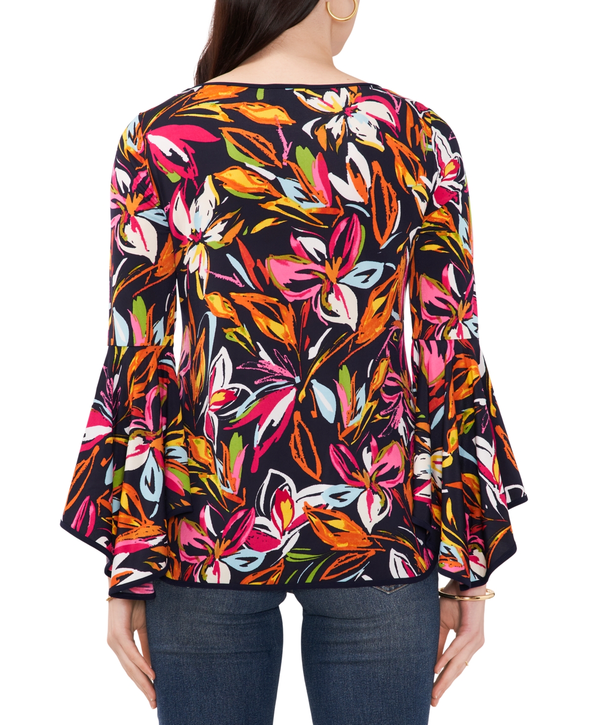 Shop Sam & Jess Petite Floral-print Bell-sleeve Piped Top In Multi Floral