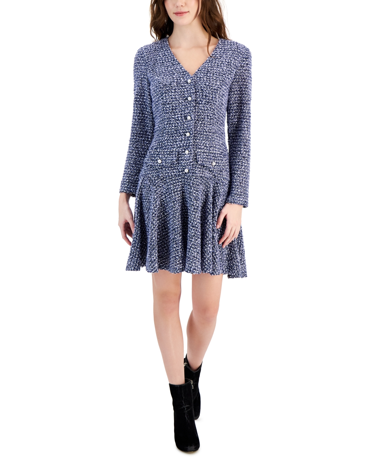 Taylor Women's V-neck Button-front Boucle-knit Dress In Oxford Blue Multi