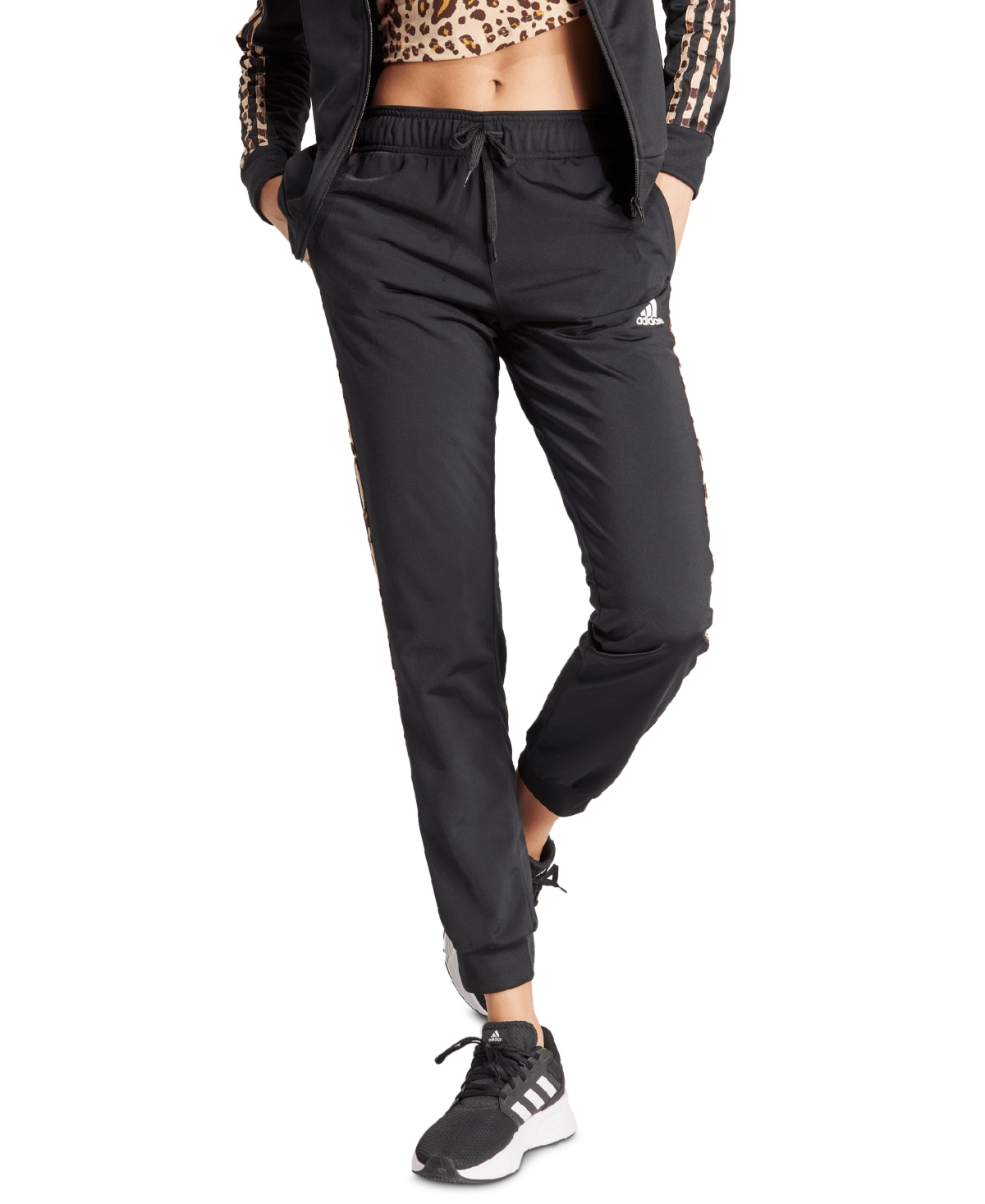 Adidas Originals Women's Tricot Tapered Animal-print 3-stripe Track Pants In Black