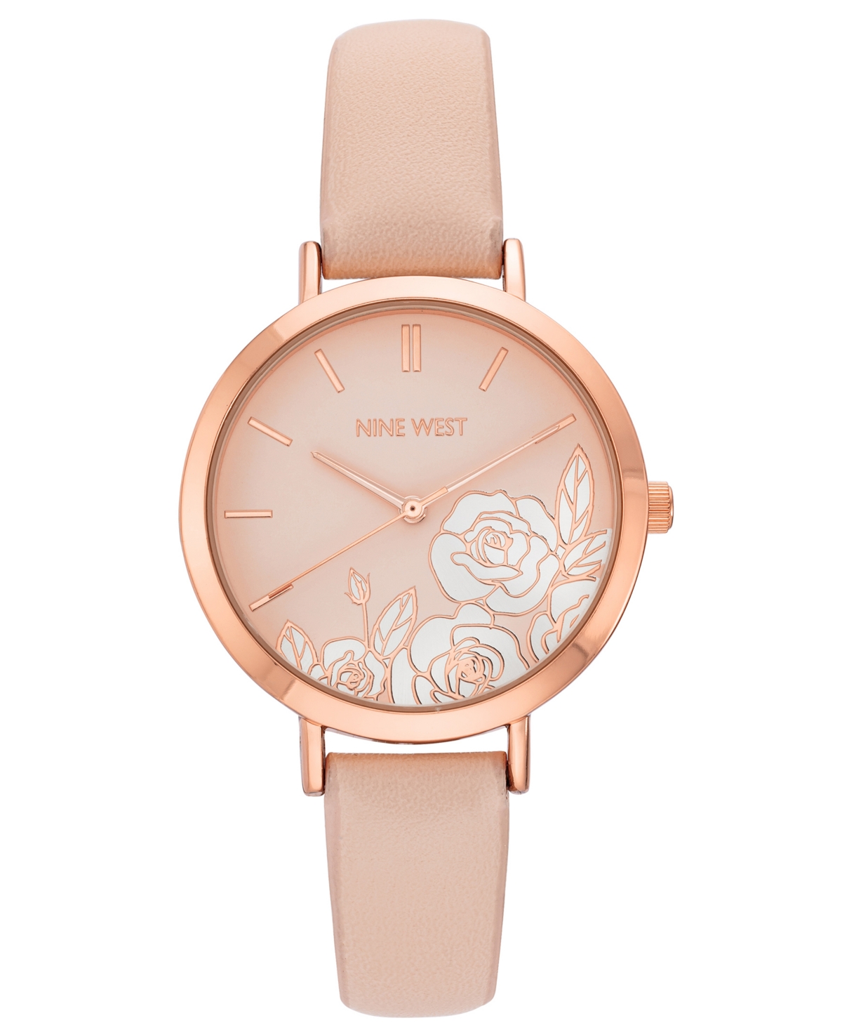 Nine West Women's Quartz Pink Faux Leather Band And Floral Pattern Watch, 36.5mm In Pink,rose Gold-tone