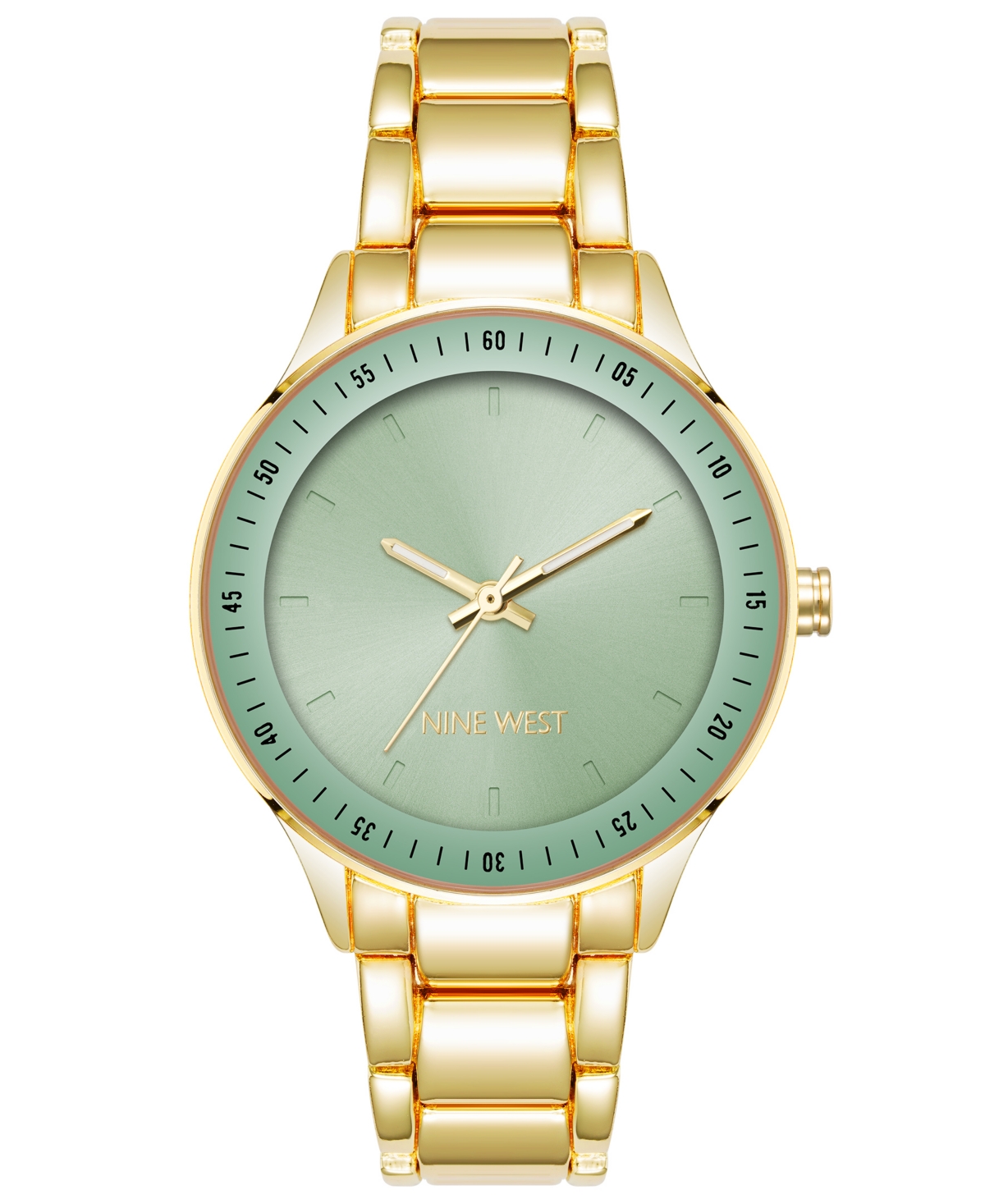 Nine West Women's Quartz Gold-tone Alloy Link Bracelet With Green Watch, 35mm In Green,gold-tone