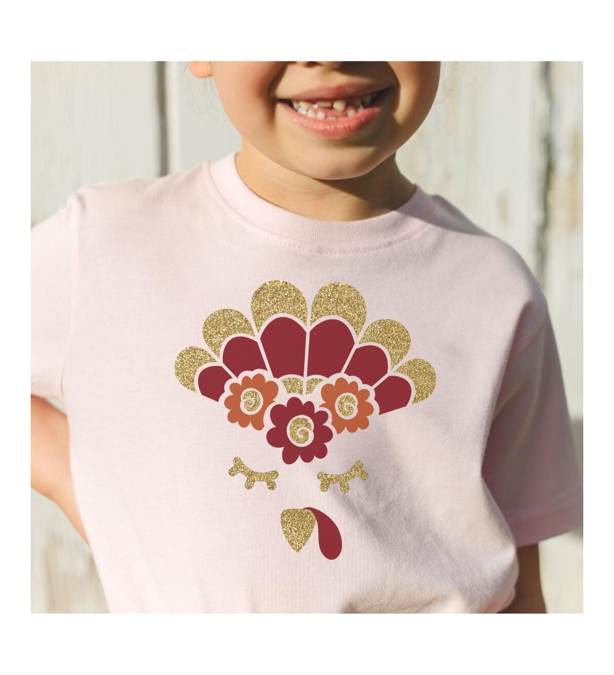 Little and Big Girls Turkey Flower Crown Thanksgiving Short Sleeve T-Shirt