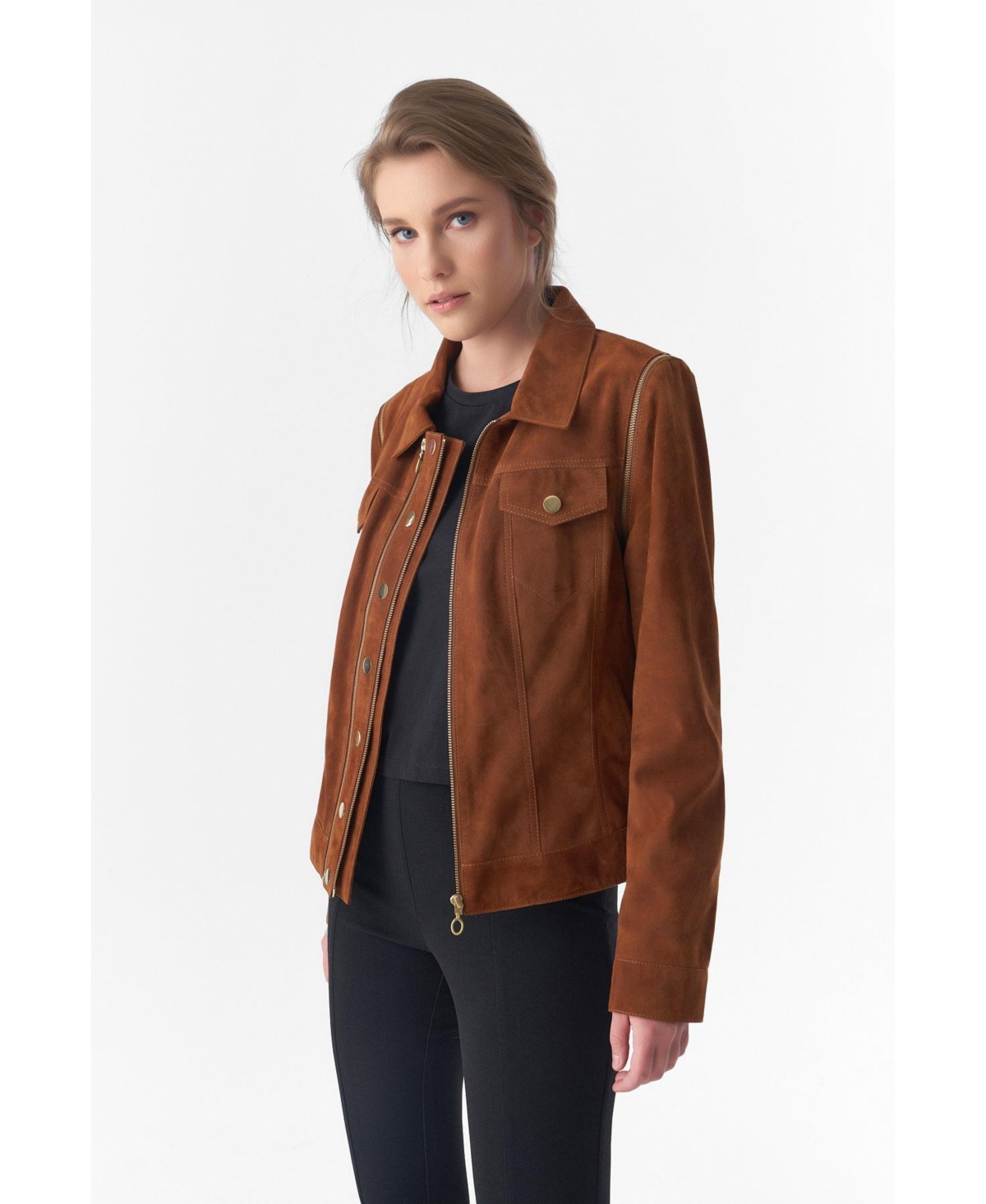 Furniq Uk Women's Detachable Sleeves Suede Biker Jacket and Waistcoat,- Tan