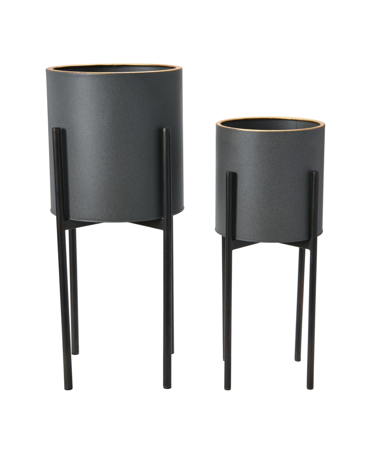 Modern Boho Metal Planters with Gold-Tone Rim and Stands - Gray