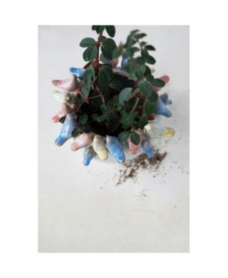 Stoneware Planter with Birds On Rim,  Reactive Glaze