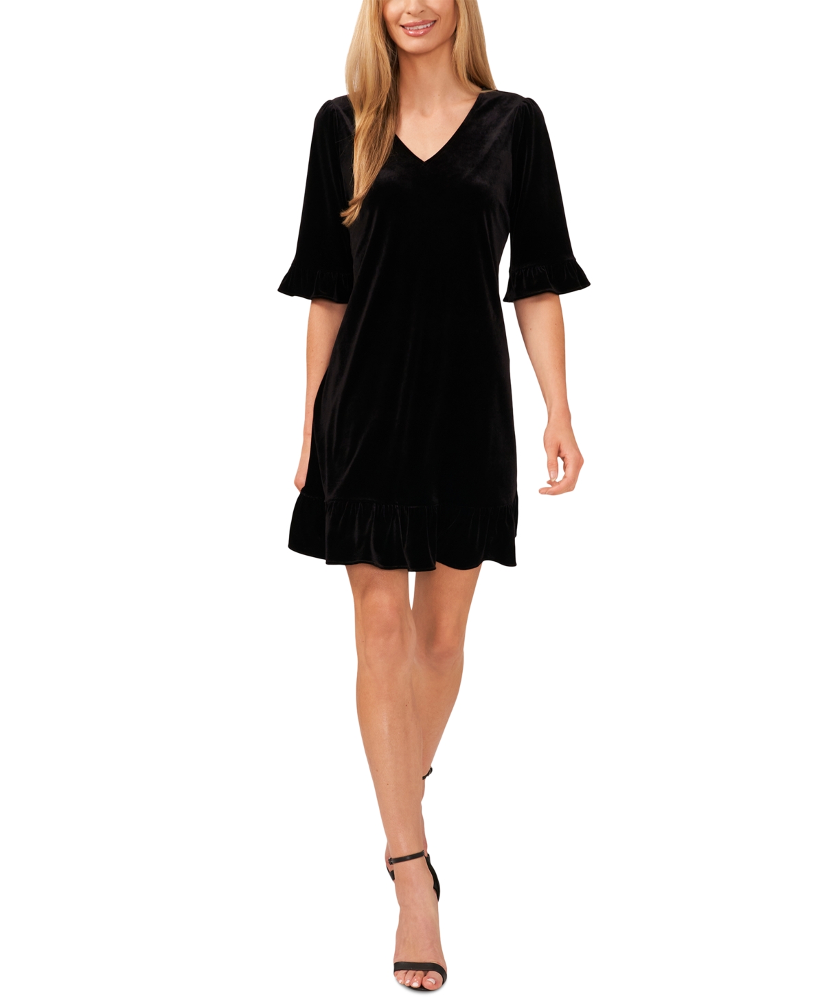 Cece Women's Velvet Elbow Sleeve Ruffle Trim Shift Dress In Rich Black