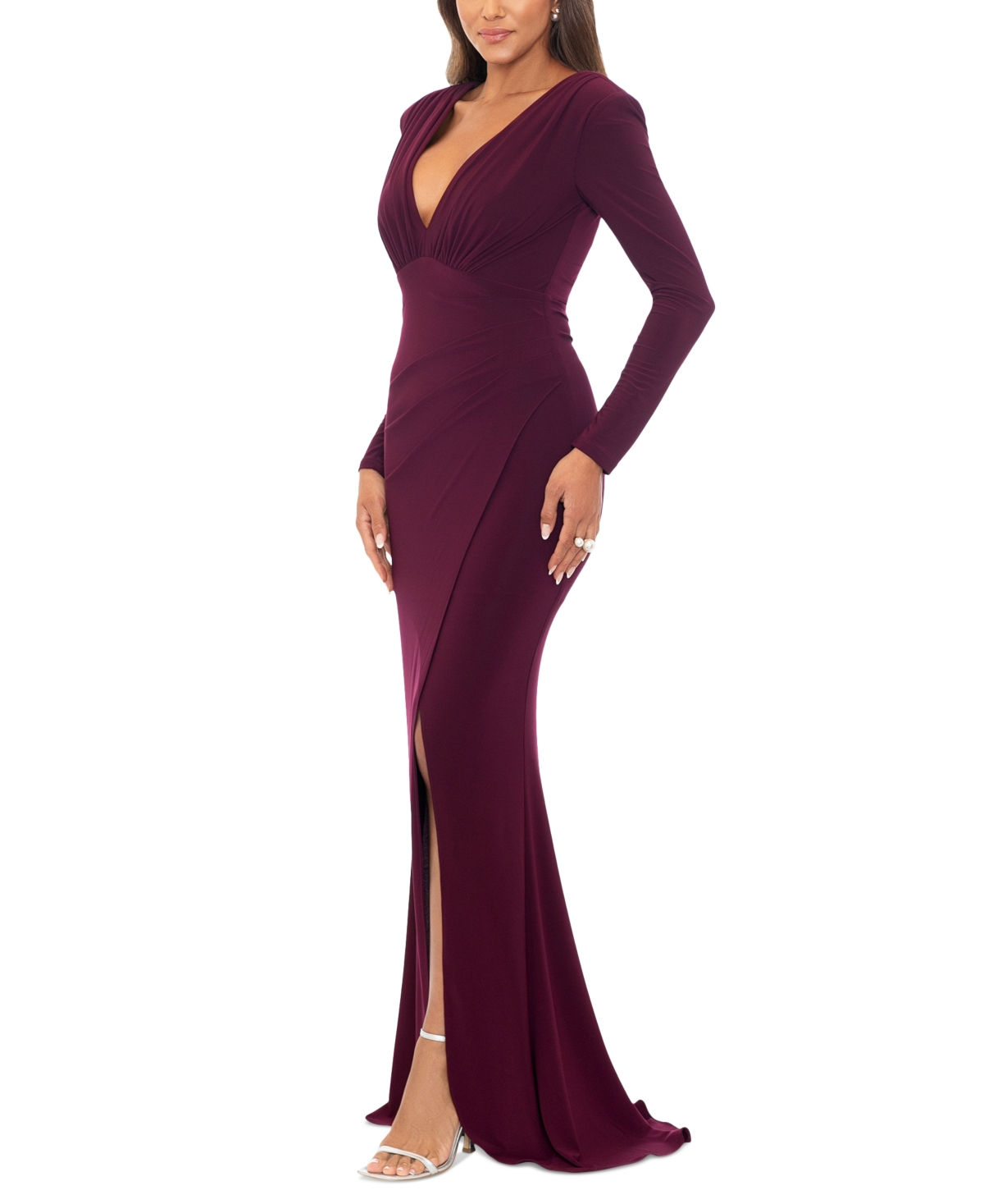 Shop Xscape Women's Long-sleeve V-neck Ruched Dress In Wine