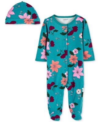 Carter's - Baby Girls Floral Snap-Up Sleep & Play Footed Coverall and Hat, 2 Piece Set