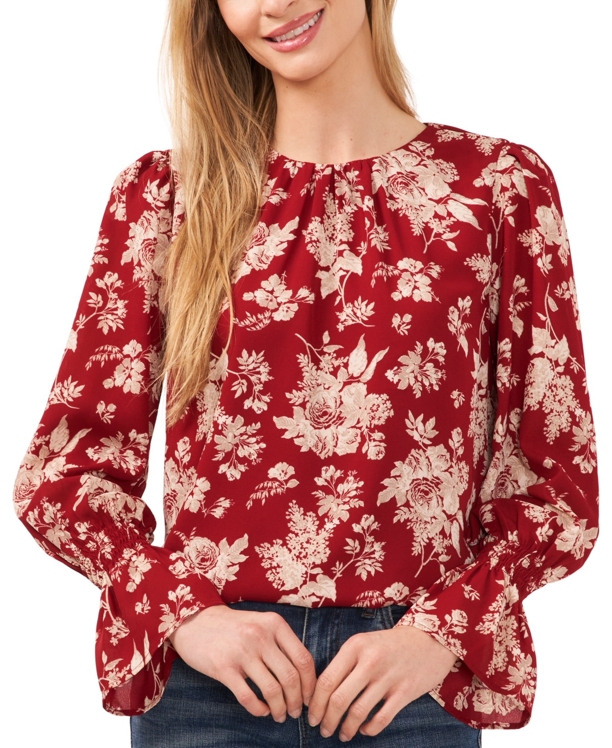 Cece Women's Floral Print Crew Neck Long Sleeve Smocked Cuff Blouse In Mulberry Red