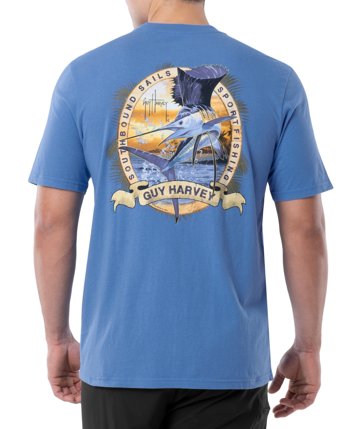 Guy Harvey Men's Southbound Sails Sportfishing Logo Graphic Pocket T-shirt In Azure Blue