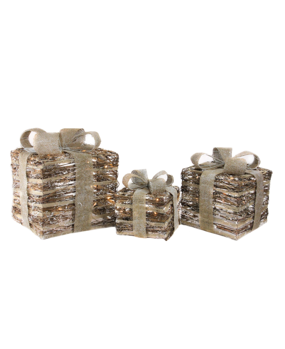 Set of 3 Lighted Rattan Gift Boxes Decorations - Brown