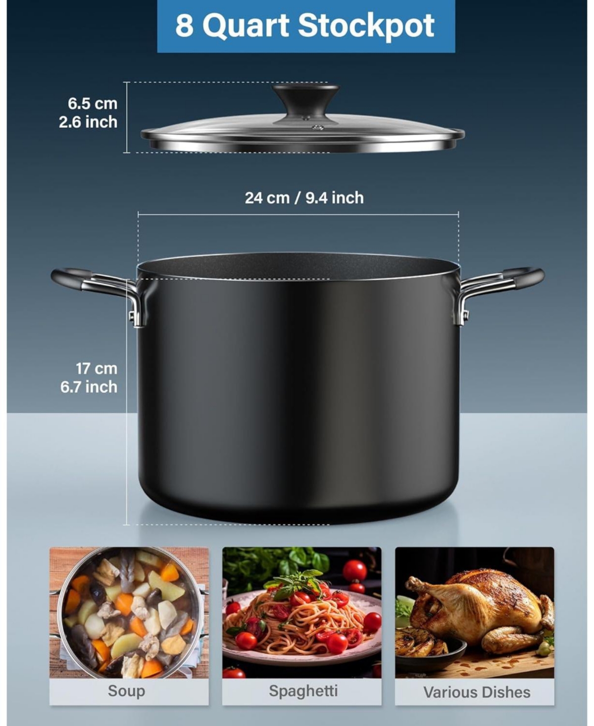 Cook N Home Professional 8-qt Nonstick Deep Cooking Pot Canning Cookware Stockpot with Glass Lid,- Black