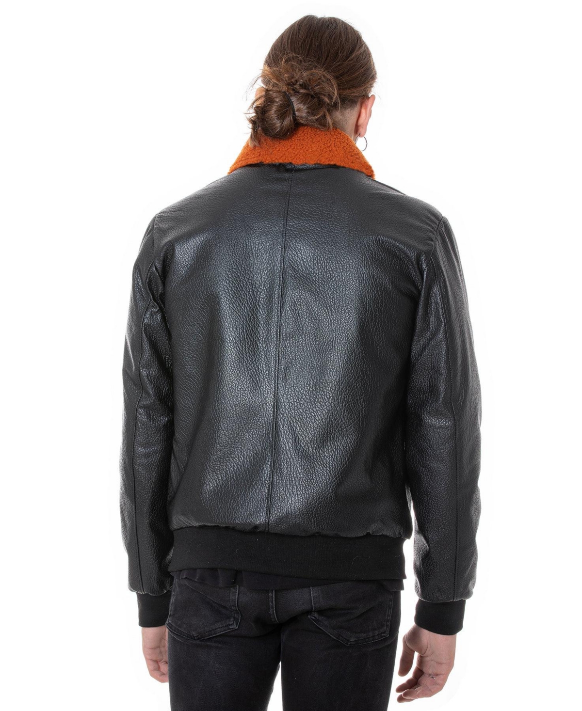Furniq Uk Men's Genuine Leather Bomber Jacket with Shearling Lining,Nappa And Orange Curly Wool - Black