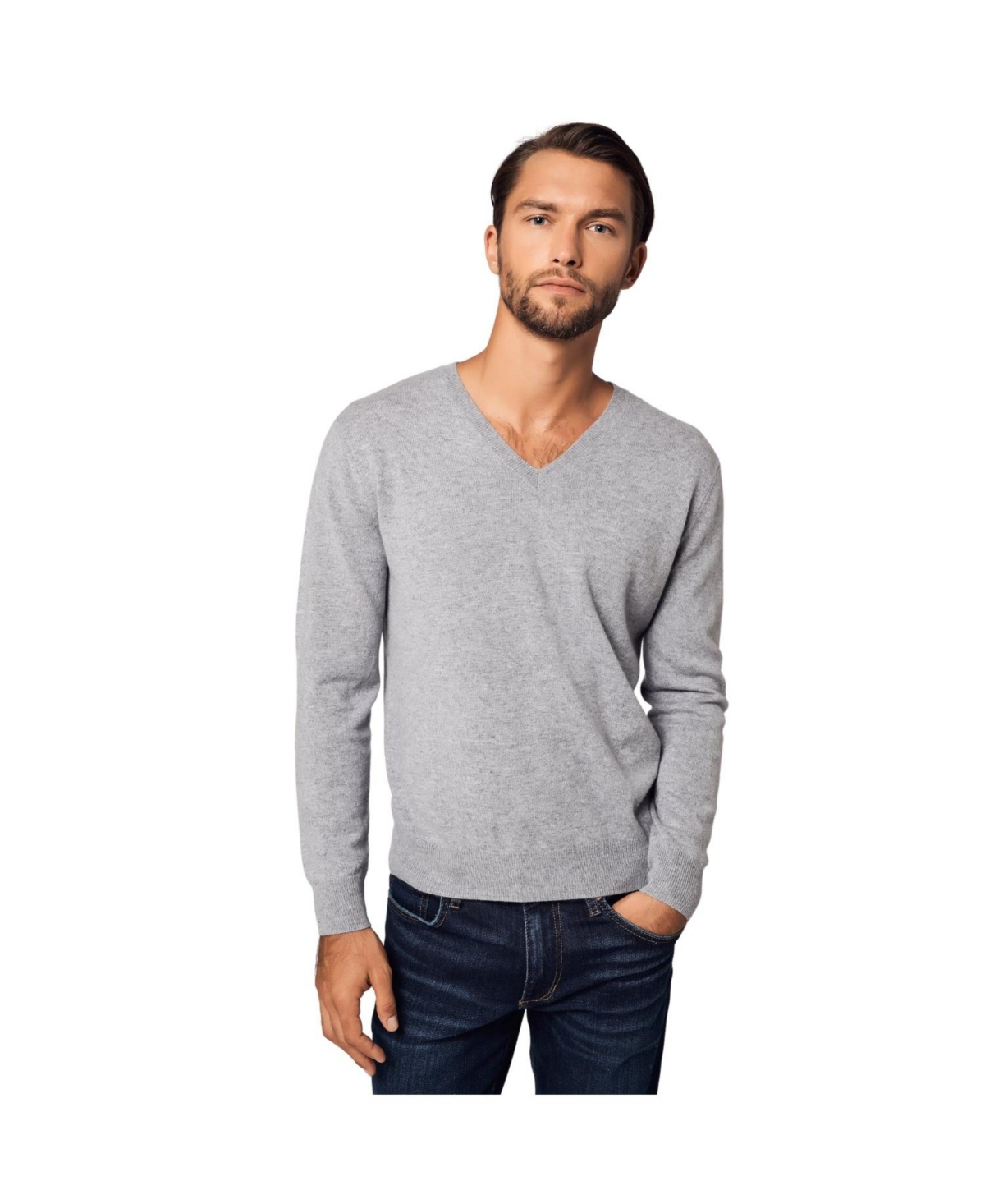 Bellemere Men's Solid V-Neck Merino Sweater - Light grey
