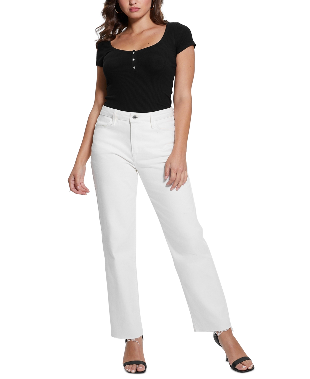 Guess Women'S Karlee Jewel-Button Ribbed Henley Top - Jet Black A996