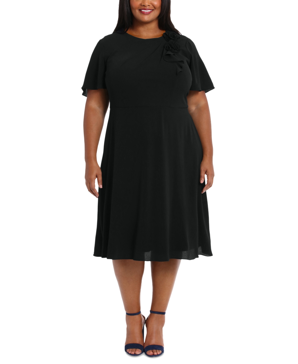 Plus Size Rosette Fit & Flare Dress - Black