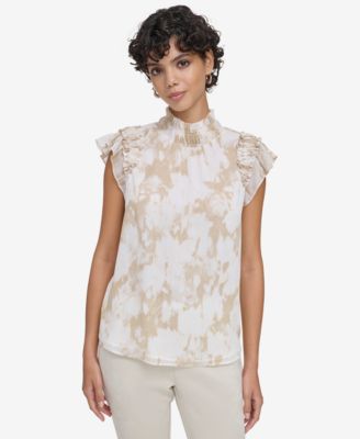 Calvin Klein - Women's Printed Smocked Mock Neck Blouse