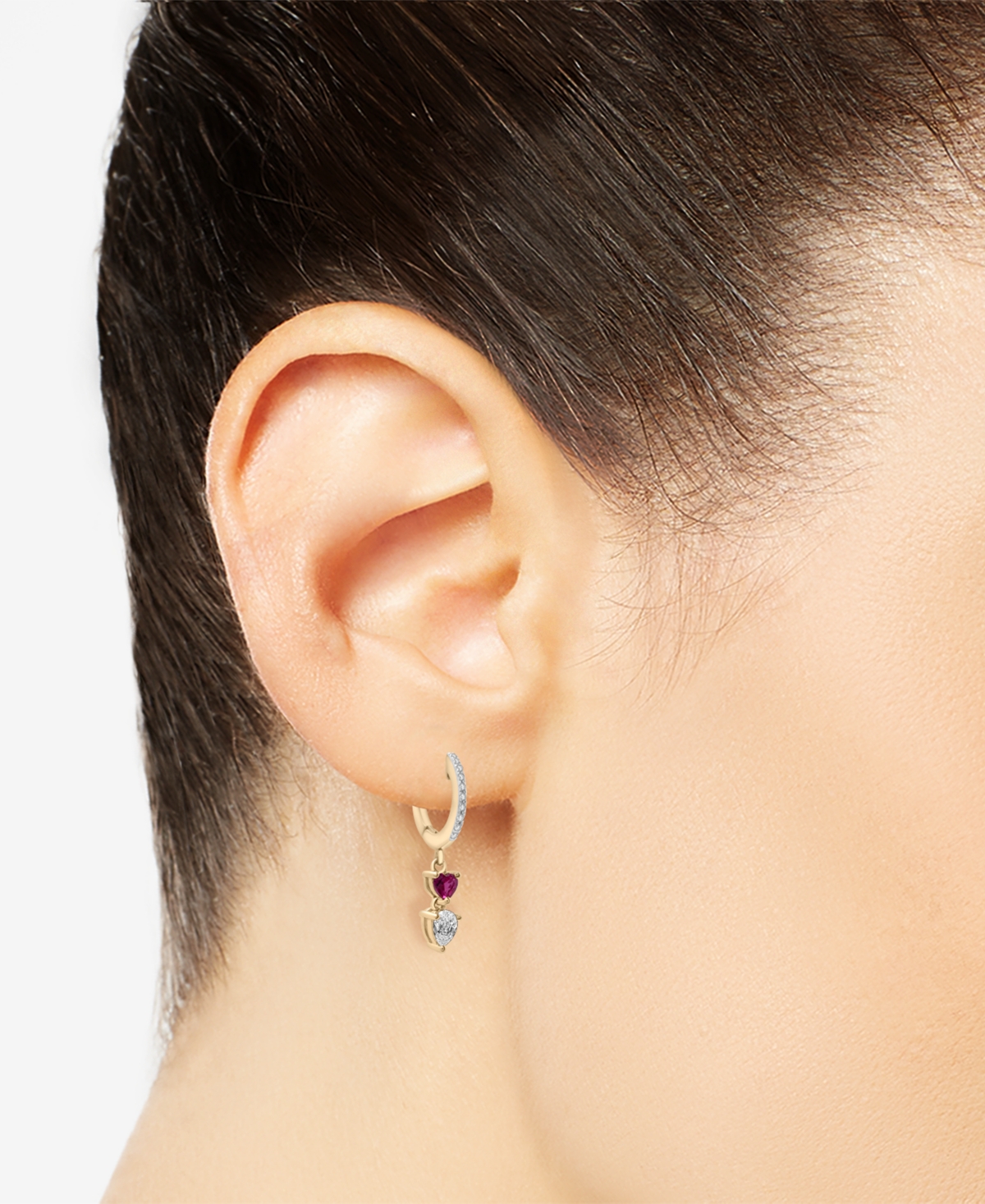 Lab-Grown(3/8 ct. t.w.), Lab-Grown White Sapphire (3/8 ct. t.w.) & Diamond (1/20 ct. t.w.) Dangle Huggie Hoop Earrings in 14k Gold-Plated Sterli