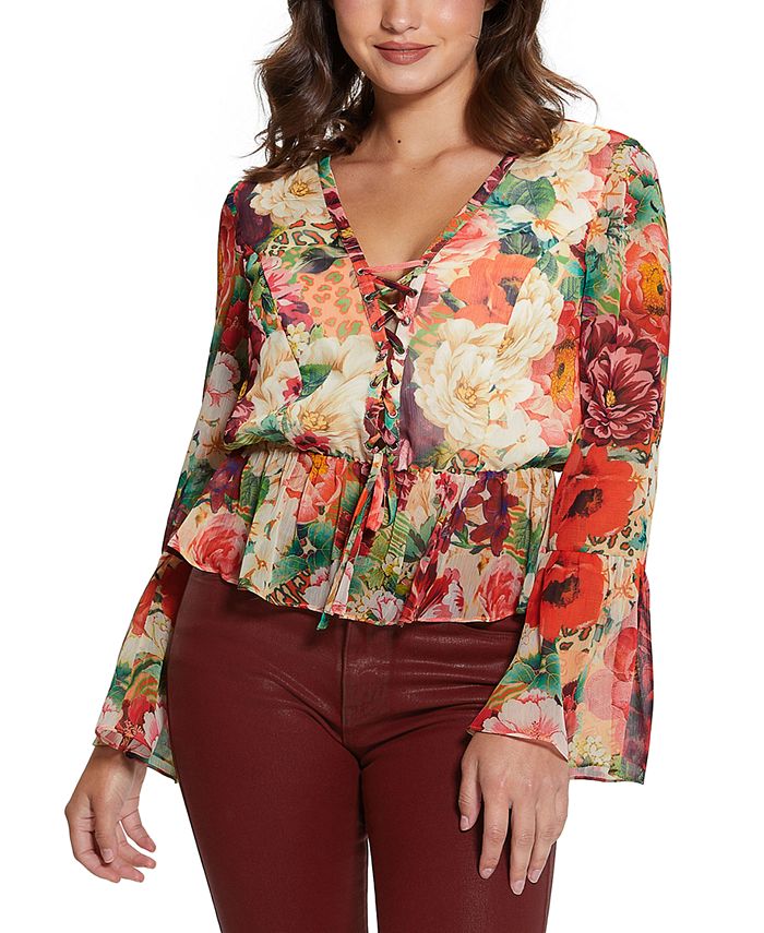 Guess Eco Demi Lace-Up Top - Peony Animal Multi - S