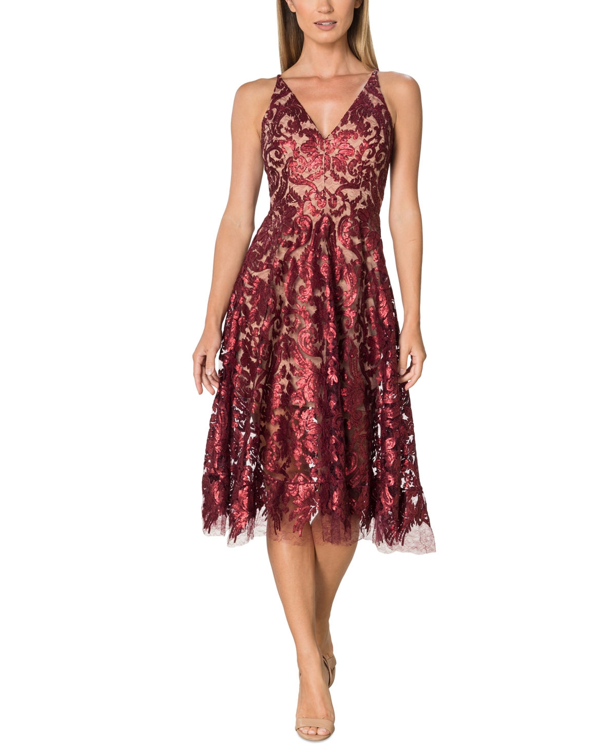 Shop Dress The Population Blair Lace Midi Dress In Berry,nude