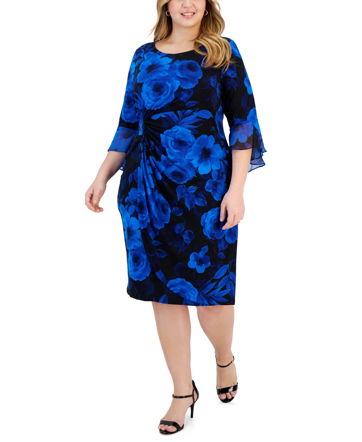 Plus Size Round-Neck 3/4-Ruffle-Sleeve Dress - Sapphire