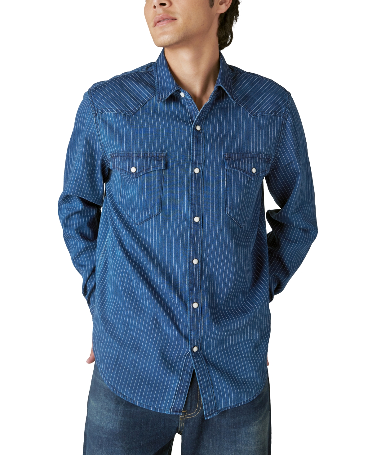 Shop Lucky Brand Men's Railroad Stripe Western Long Sleeve Snap-front Shirt In Blue Stripe
