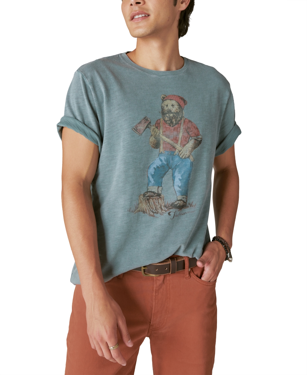 Lucky Brand Men's Lumberjack Bear Graphic Short Sleeve Crewneck T-shirt In Lead