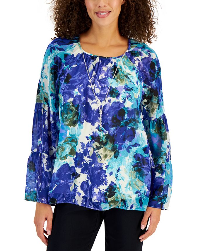 JM Collection Claudette Rose-Print Tiered-Sleeve Necklace Top, Created ...