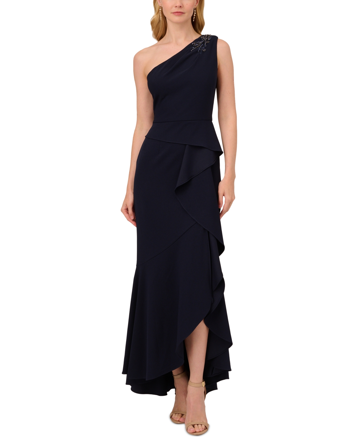 Adrianna Papell Petite Beaded Ruffled One-shoulder Gown In Midnight