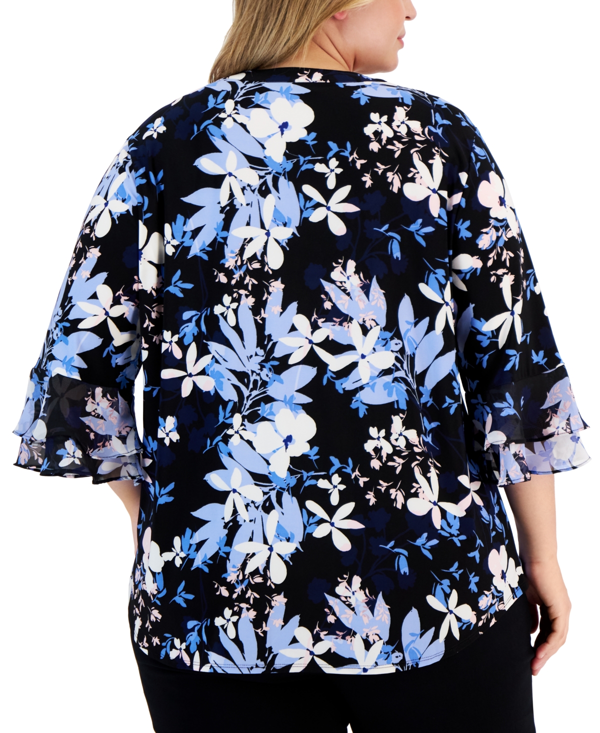 Shop Kasper Plus Size Dot-print Flutter-sleeve Blouse In Black,vanilla Ice