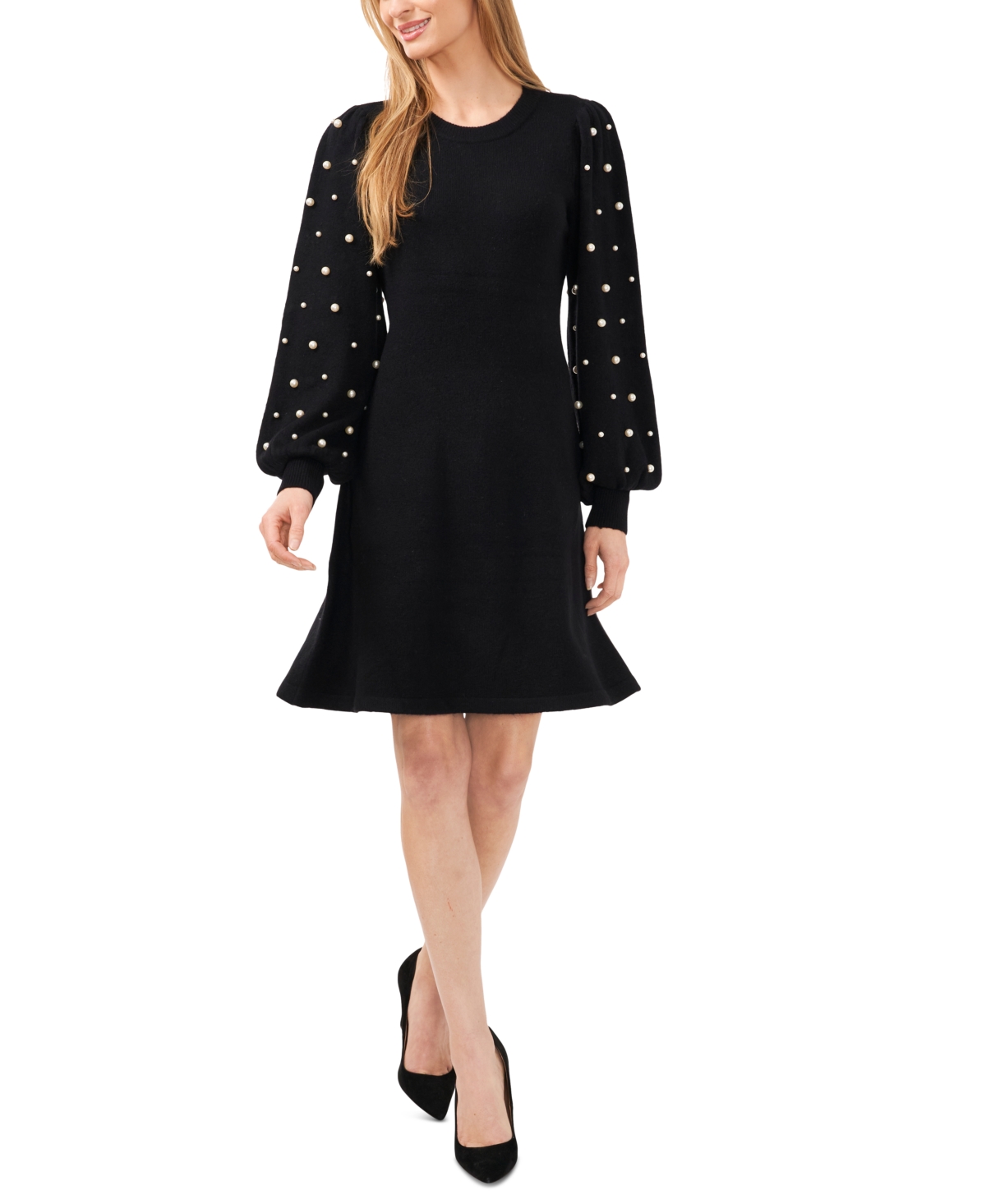 Cece Women's Imitation Pearls Sleeve Crewneck Sweater Dress In Rich Black