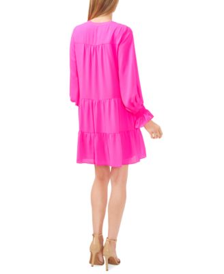 Women's Split-Neck Balloon-Sleeve Tiered A-line Dress