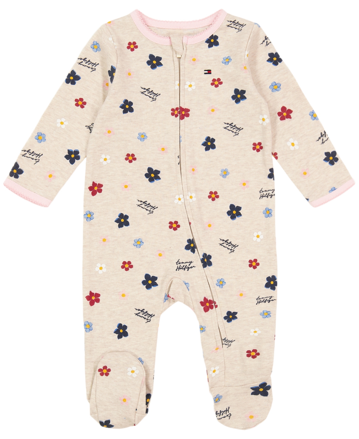 Tommy Hilfiger Baby Girls One-piece Floral Logo Footed Coverall In Tan