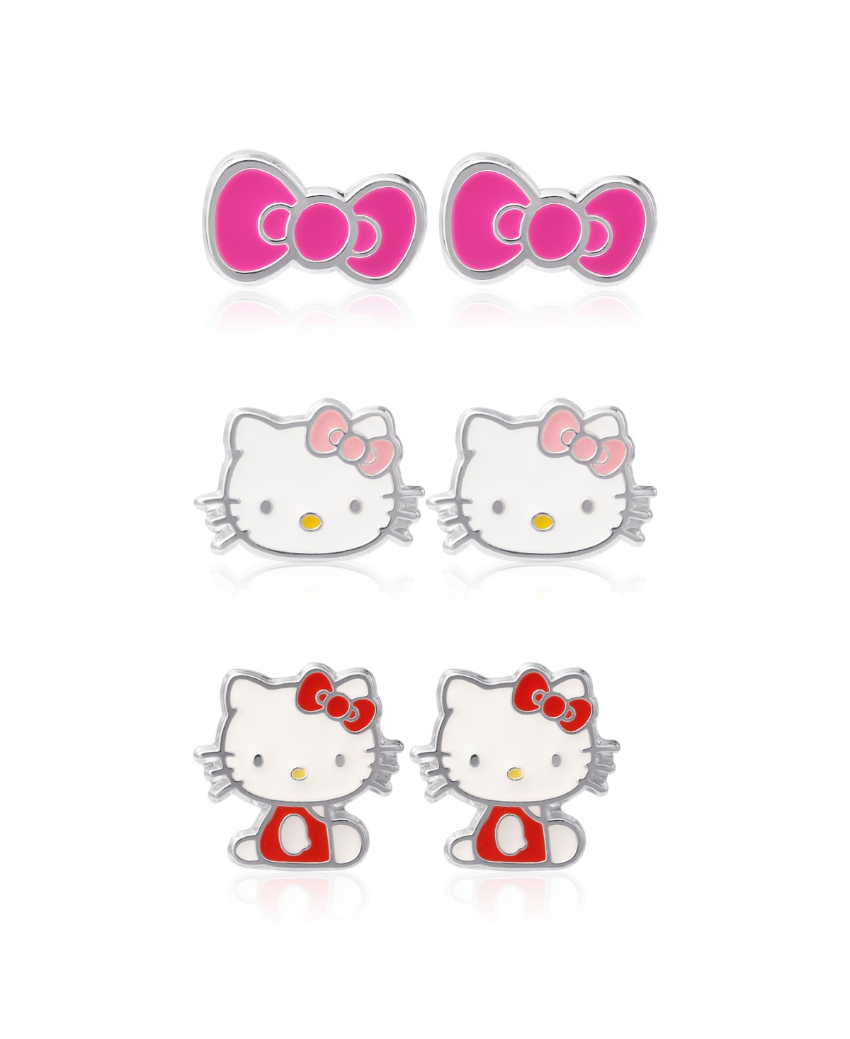 Sanrio Silver Plated and Enamel Stud Earrings Set - 3 Pairs, Officially Licensed - Pink, white, red