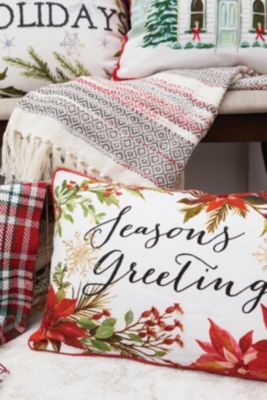 Seasons Greetings Poinsettia Printed and Embroidered Christmas Throw Pillow, 14" x 22"