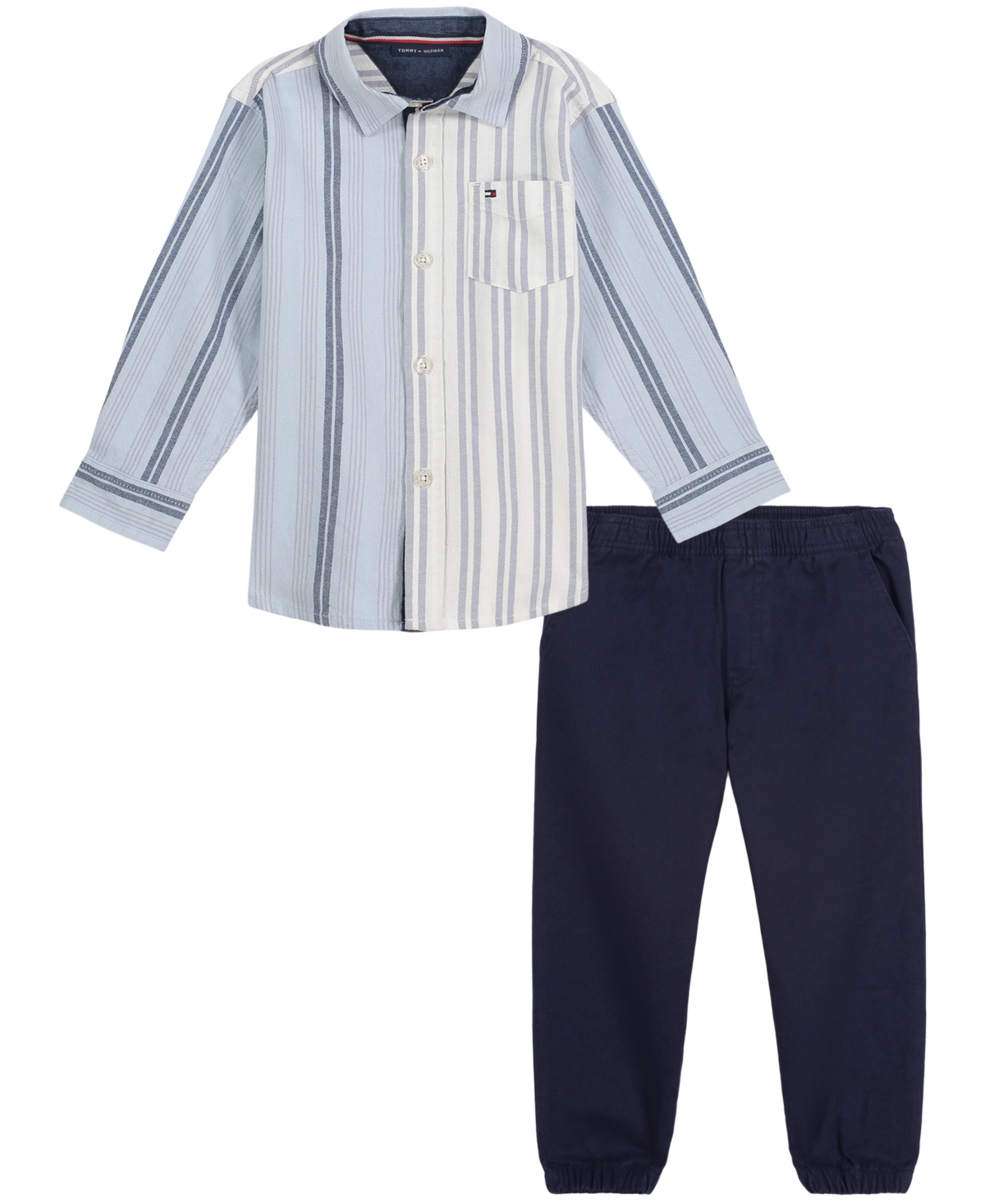Tommy Hilfiger Baby Boys Oxford Stripe Long Sleeves Button-up Shirt And Twill Jogger Pants, 2 Piece Set In Blue