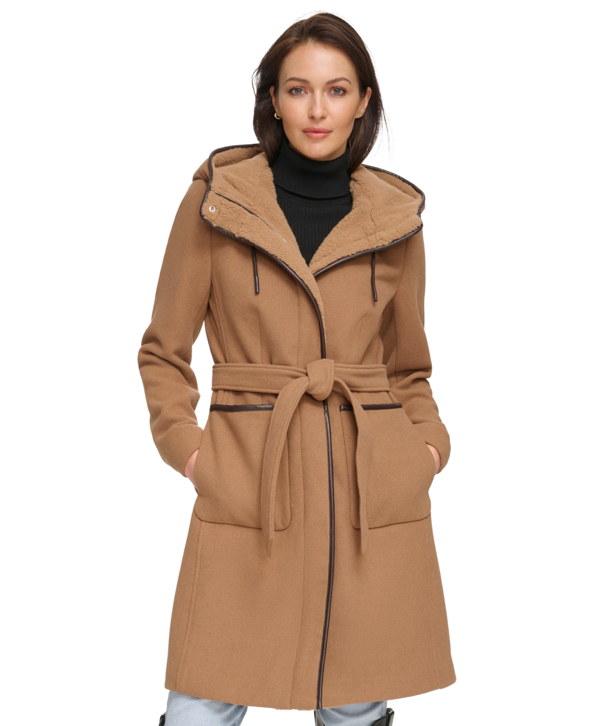 Women's Faux-Fur Hooded Wool Blend Belted Coat - Dark Camel