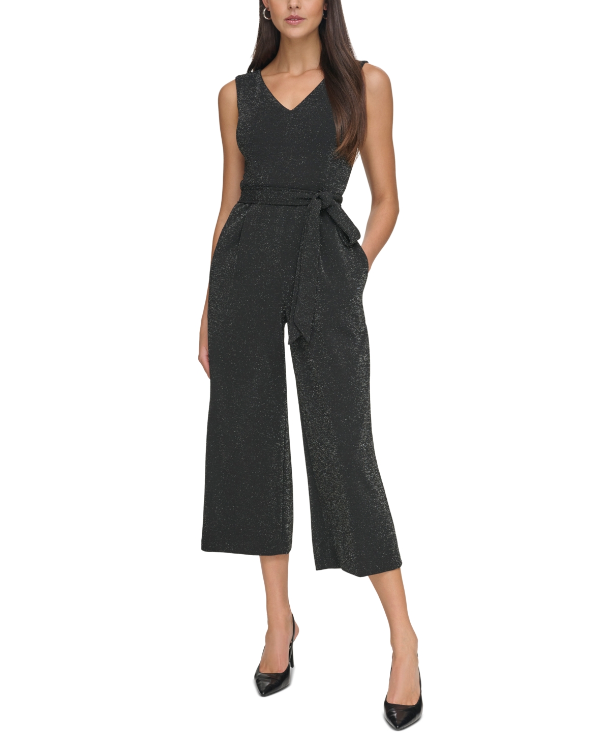 Shop Calvin Klein Women's Shimmer Tie-waist Cropped Jumpsuit In Black