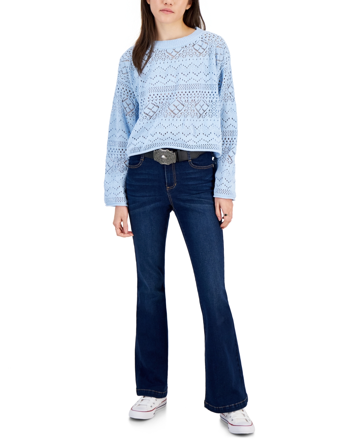 Hippie Rose Juniors' Pointelle-knit Crewneck Sweater In Aquatic Blue