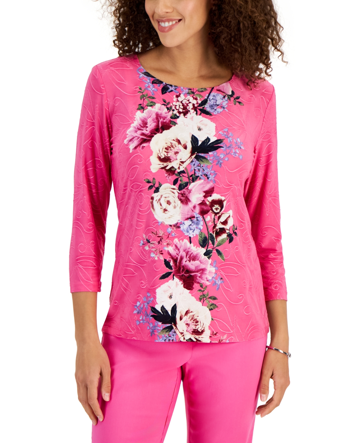 Jm Collection Women's Printed 3/4 Sleeve Jacquard Top, Created For Macy's In Divine Berry Coimbo