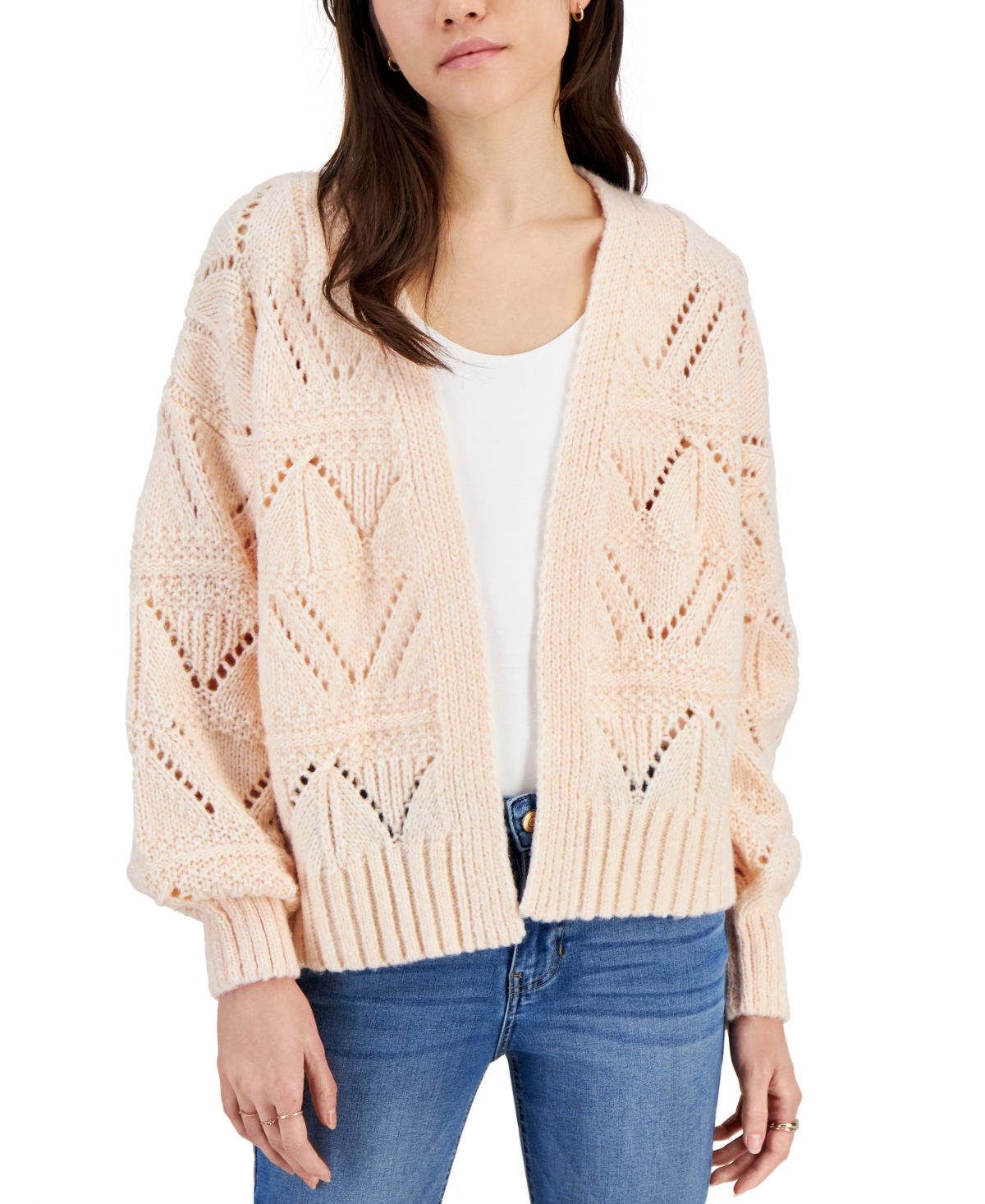 Hippie Rose Juniors' Knit Open-front Cardigan Sweater In Sun Bleached Melon