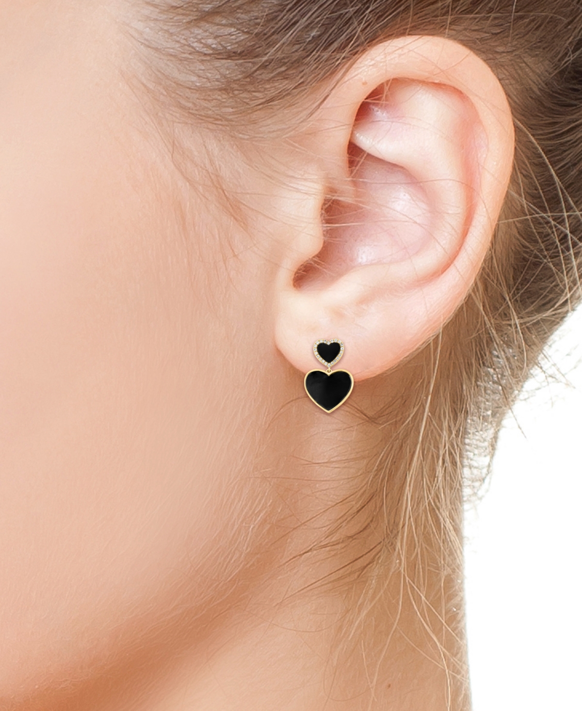 Effy Onyx & Diamond (1/5 ct. t.w.) Double Heart Halo Drop Earrings in 14k Gold - 14K Gold