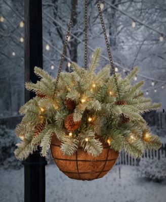 National Tree Company National Tree 20" "Feel Real" Frosted Artic Spruce Hanging Basket with Cones and 35 Warm White Battery Operated LED Lights with Timer