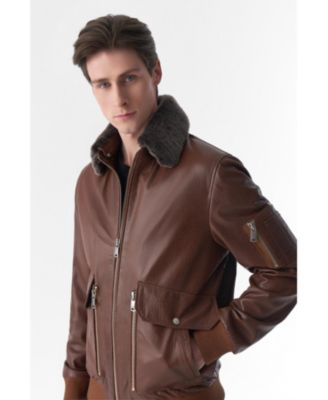 Men's Detachable Shearling Collar Leather Jacket, Jumbo Tan
