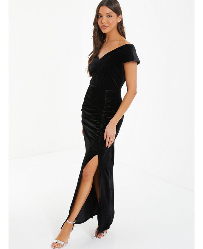 QUIZ Women's Velvet Bardot Ruched Maxi Dress - Macy's