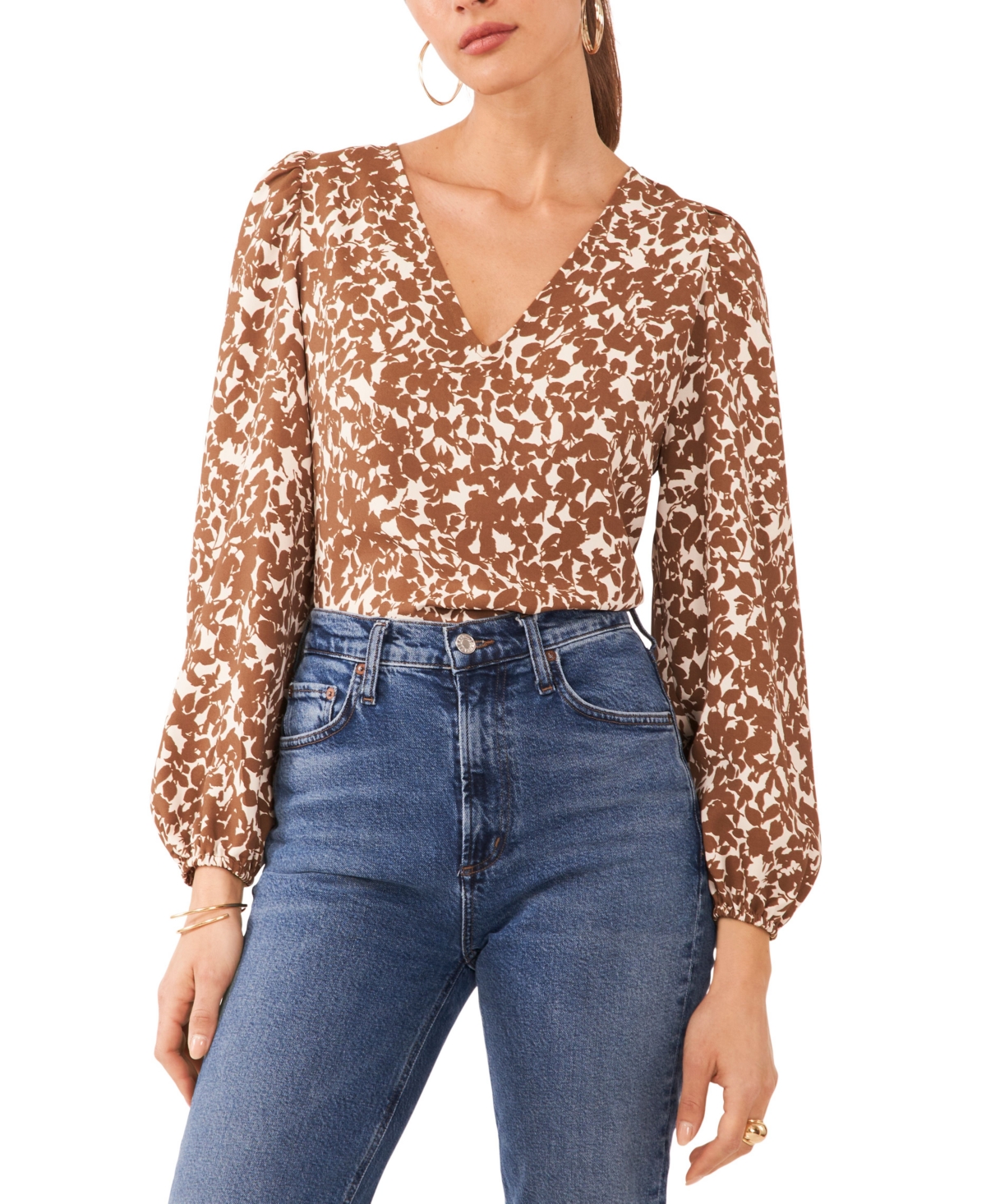 Shop 1.state Women's Printed Balloon-sleeve V-neck Blouse In Sequoia